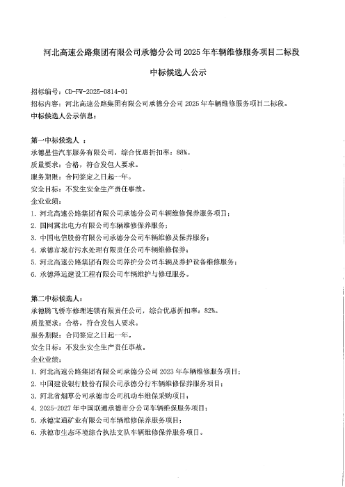 2025年车辆维修服务项目二标段中标候选人公示1