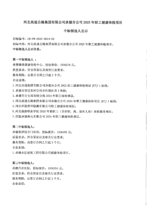 2025年职工健康体检项目中标候选人公示1